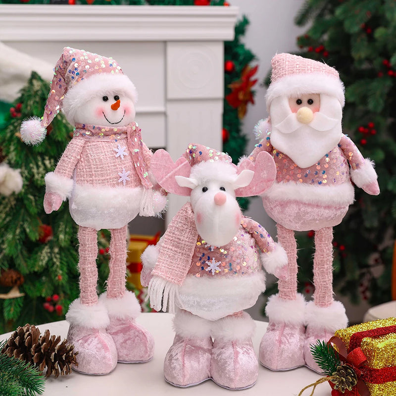 Bonecos de Natal Rosa com Lantejoulas - Papai Noel, Boneco de Neve e Alce